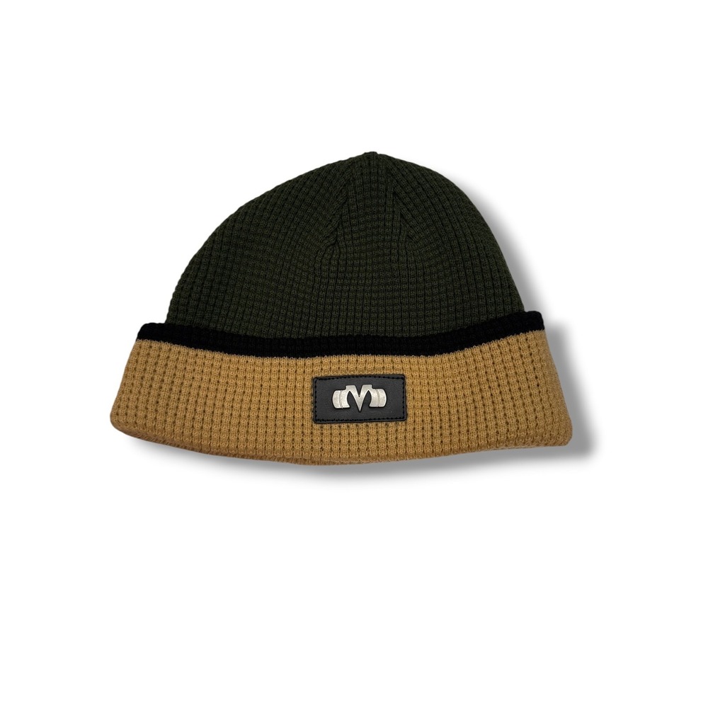 M-Gridlock Waffle Knit Beanie Unisex OS Army Green Sand Colorblock Logo Patch